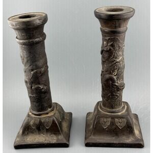 Vintage Nippon Dragonware Candlesticks Pair Brown Clay Moriage Hallmarked Japan